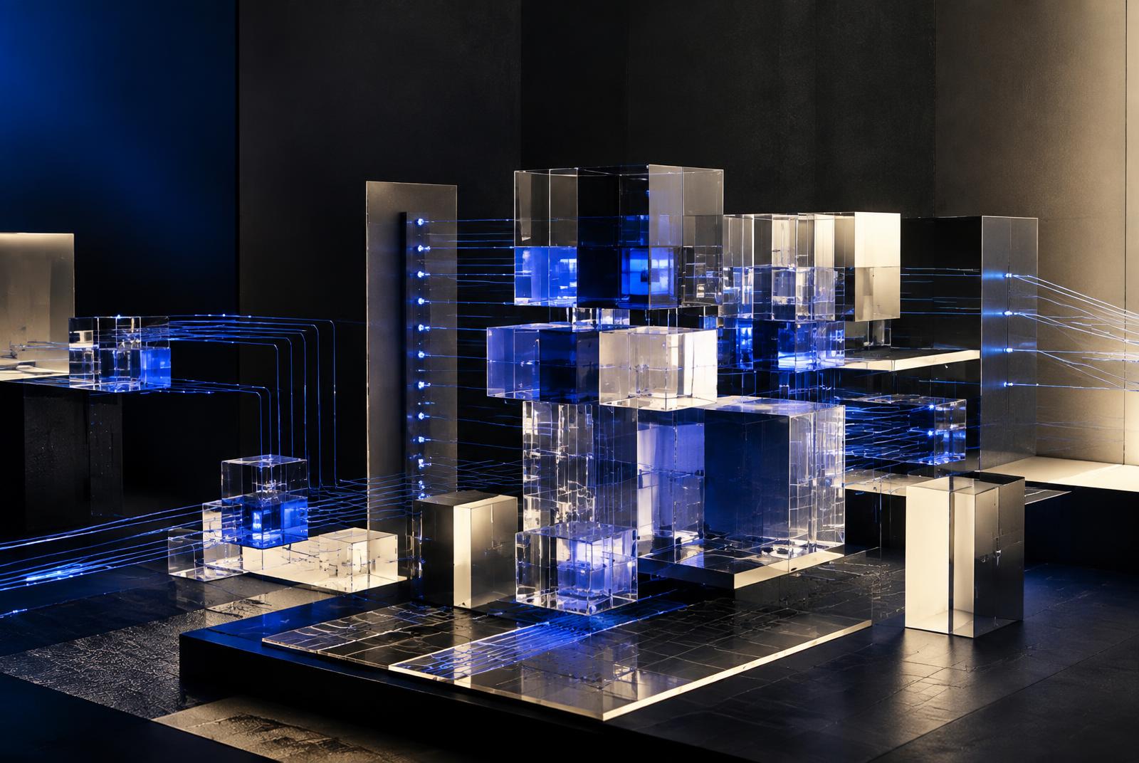 Abstract connected computing modules illuminated in cobalt