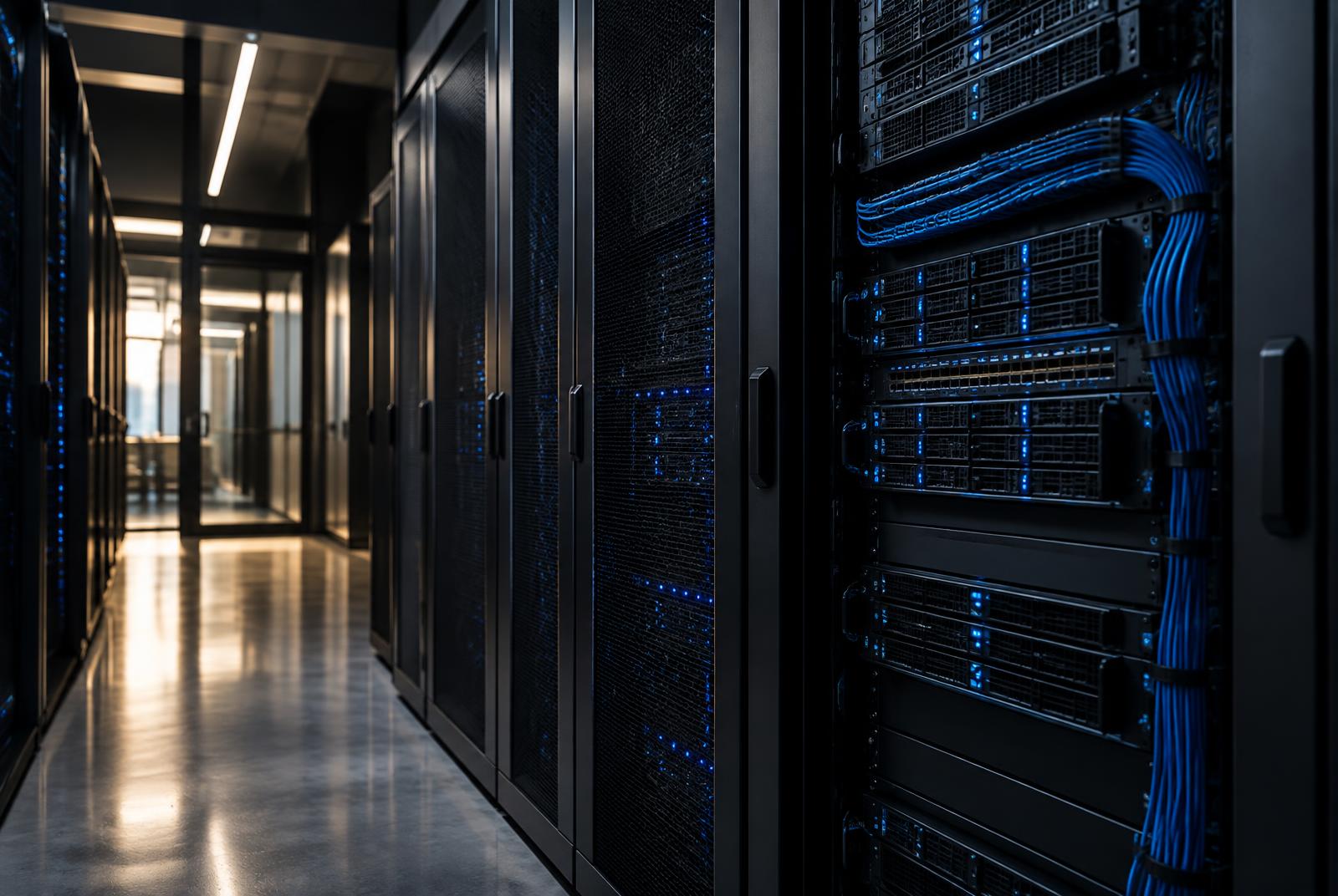Cobalt-lit server racks representing cloud and systems infrastructure